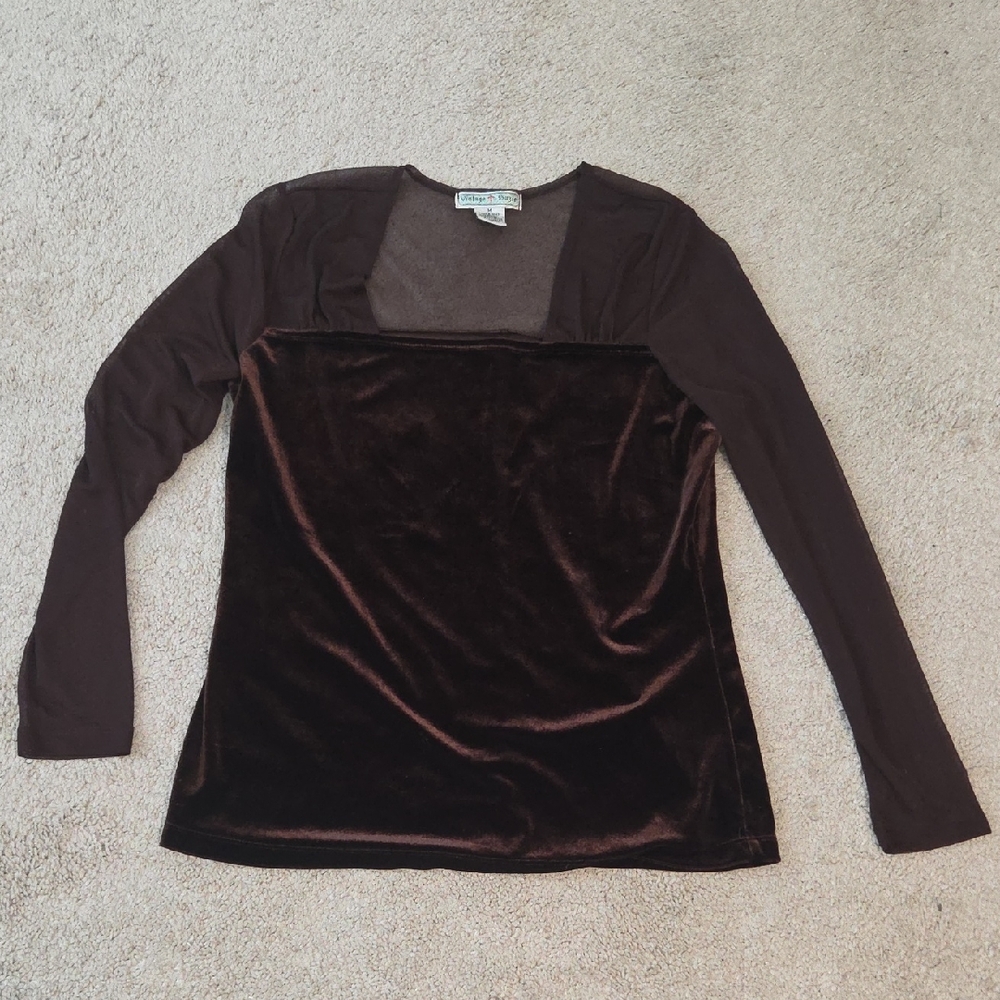 🔥Vintage Suzie Chocolate Velvet And Sheer Long Sleeve Top